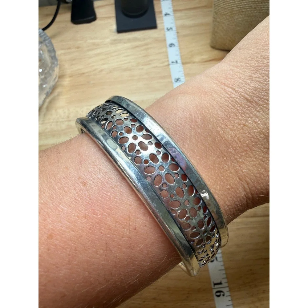 Silver Tone Perforated Cutout Metal Bangle Bracelet Retro Dark Academia Glam